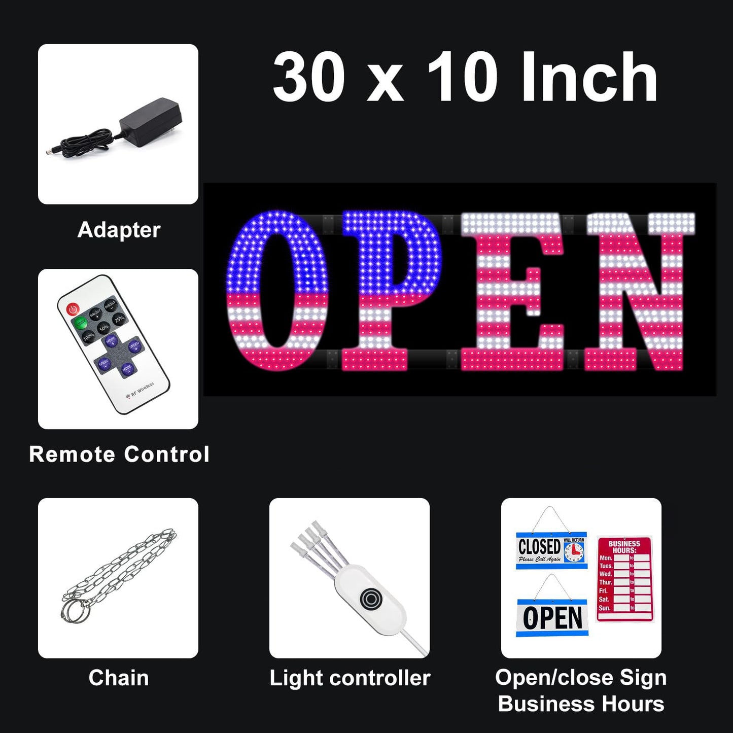 30'' x 10" Led Open Sign with Remote Control and Adjustment Brightness & Speed - 14 Mode, Large Open Closed Sign for Bar Store Restaurant Office Hotel Salon USA Flag