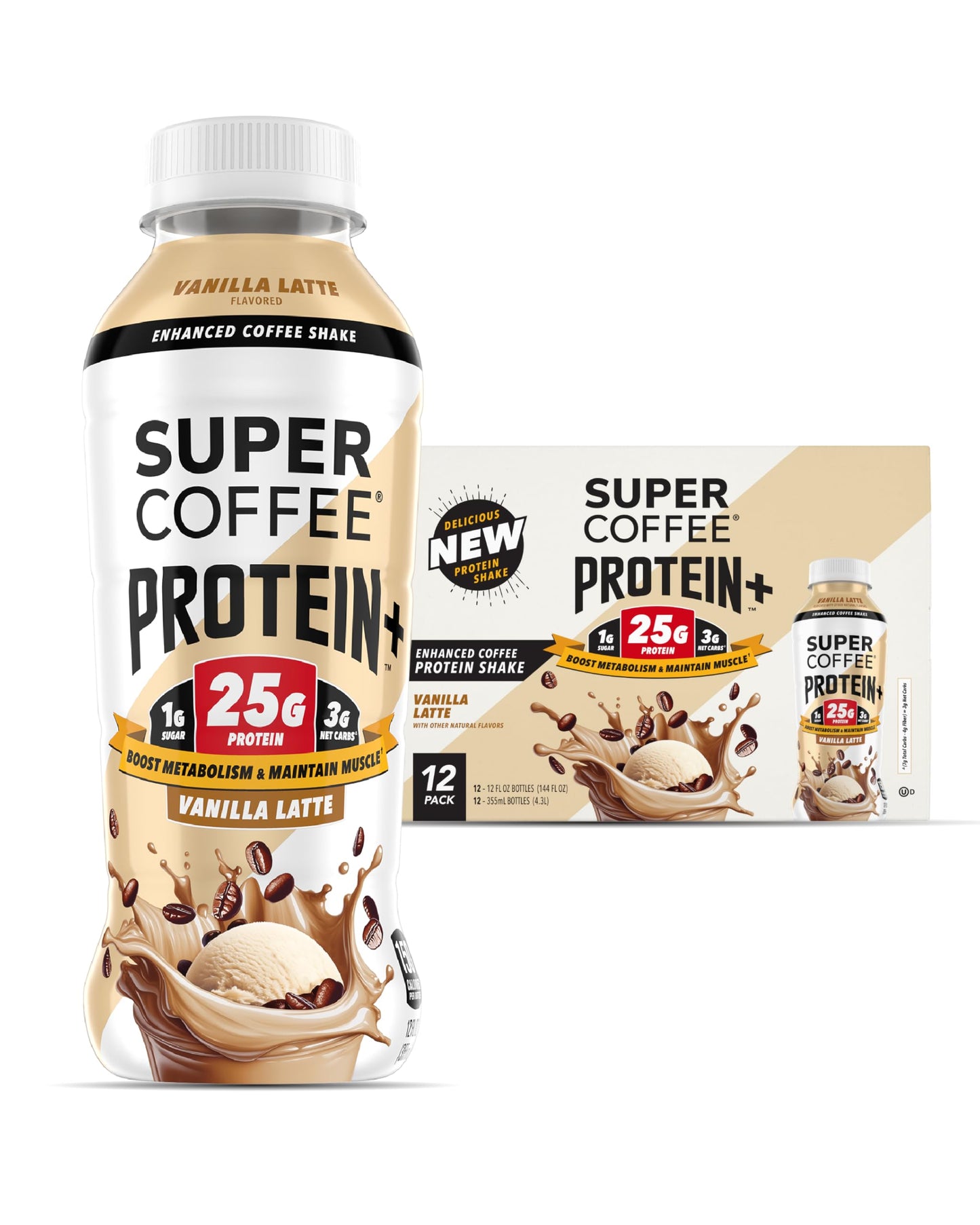 SUPER COFFEE Protein+, Keto Protein Coffee (0g Added Sugar, 25g Protein, 150 Calories) [Vanilla] 12 Fl Oz, 12 Pack | Iced Smart Coffee Drinks