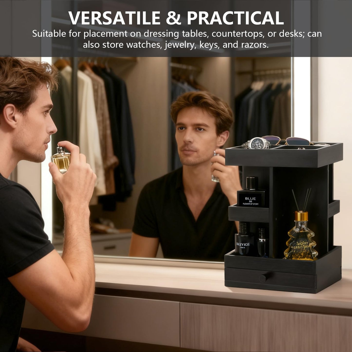 VYNOPA Rotating Cologne Organizer for Men – Black Wooden Perfume Stand with Dual Drawers, Multi-Tier Fragrance Display & Jewelry Storage for Dresser or Bathroom