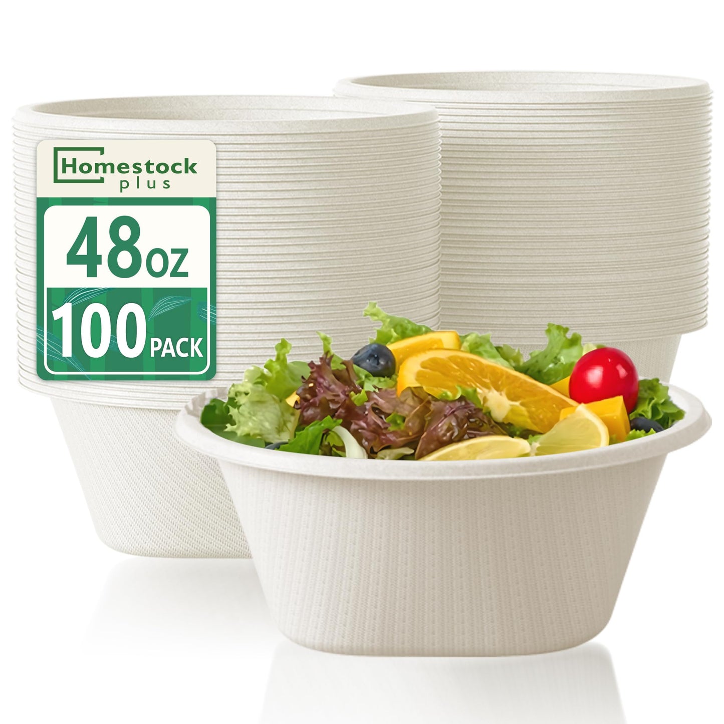 Homestockplus Large Disposable Bowls 48 Oz Heavy Duty Compostable Paper Bowls [100 Pack], Extra Large Catering Bowls for Restaurants, Salad, Buffet, Eco-Friendly Microwave Safe (White)