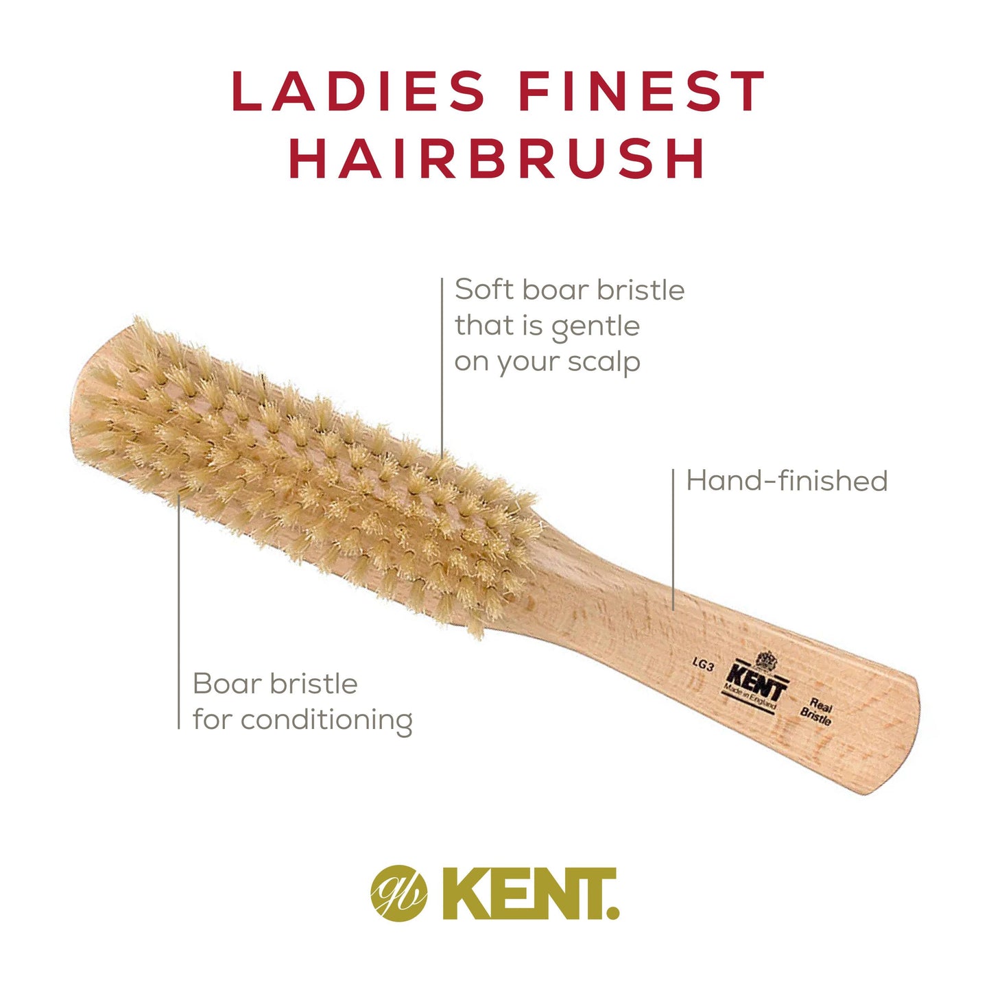 Kent LG3 Finest Hair Brushes for Women - Natural Beechwood and Boar Bristle Narrow Hairbrush for Fine or Medium Thickness Hair All Lengths - Dry Brush for Styling, Straightening, and Stimulating Oils