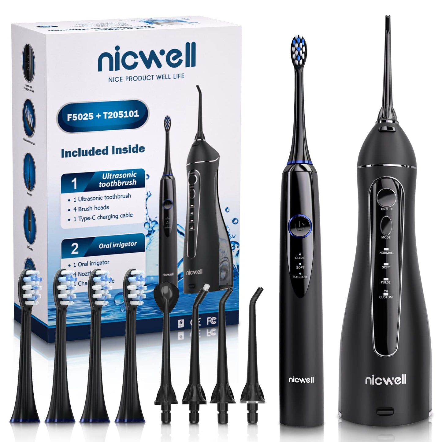 Water Dental Flosser Cordless for Teeth - Nicwell 4 Modes Dental Oral Irrigator, Portable and Rechargeable IPX7 Waterproof Powerful Battery Life Water Teeth Cleaner Picks for Home Travel