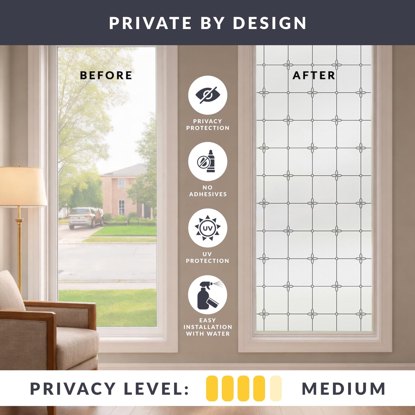 Victoria Window Privacy Film by Artscape - Textured Leaded Glass Design, Static Cling, Allows Natural Light in, UV Protection, Non-Adhesive Water-Applied Installation, Made in USA - 36 x 72 Inch