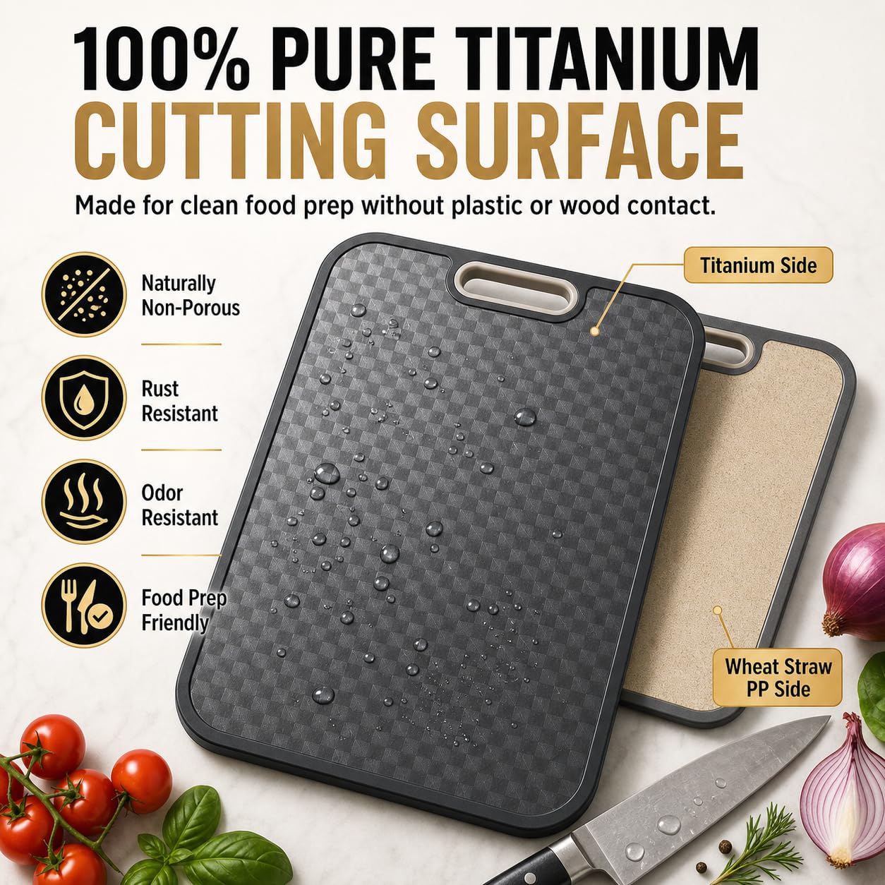 Titanium Cutting Board for Kitchen, Cutting Board Double Sided Food Grade, Pure Titanium and Wheat Straw PP, Scratch Resistant, Non Toxic Chopping Board, Dishwasher Safe, Easy to Clean Large Size