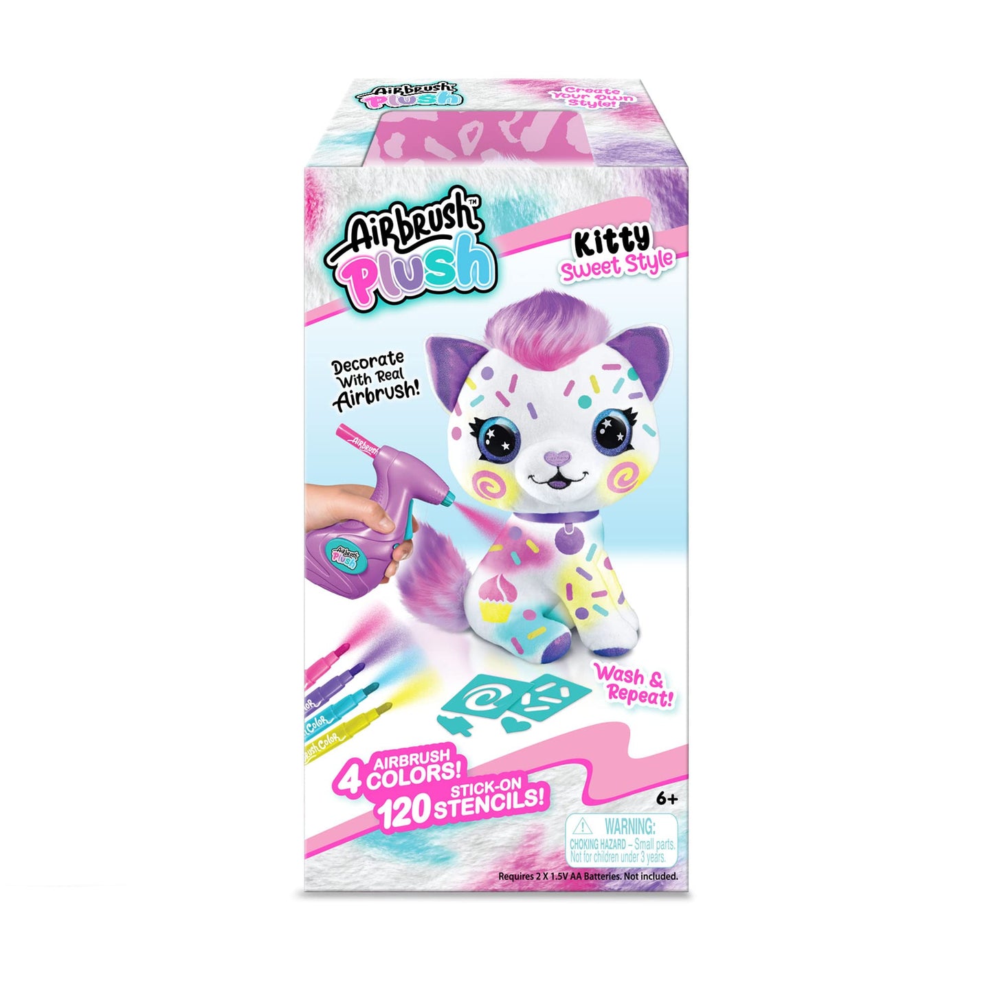 Canal Toys Personalize Airbrush Plush Large Kitty! Decorate, wash, Repeat! Customize Your own Spray Art Plush with Markers, Battery Powered Airbrush and 100+ Stencils. Ages 6+