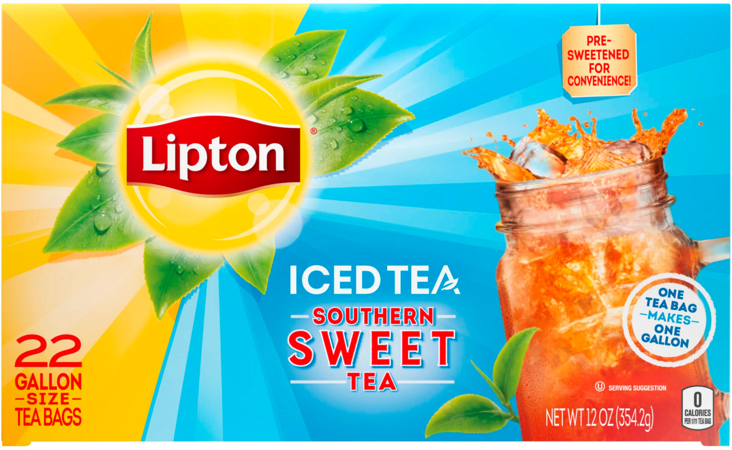 Lipton Southern Sweet Tea, Gallon-Size Tea Bags, 22 Count Box (Pack of 2)