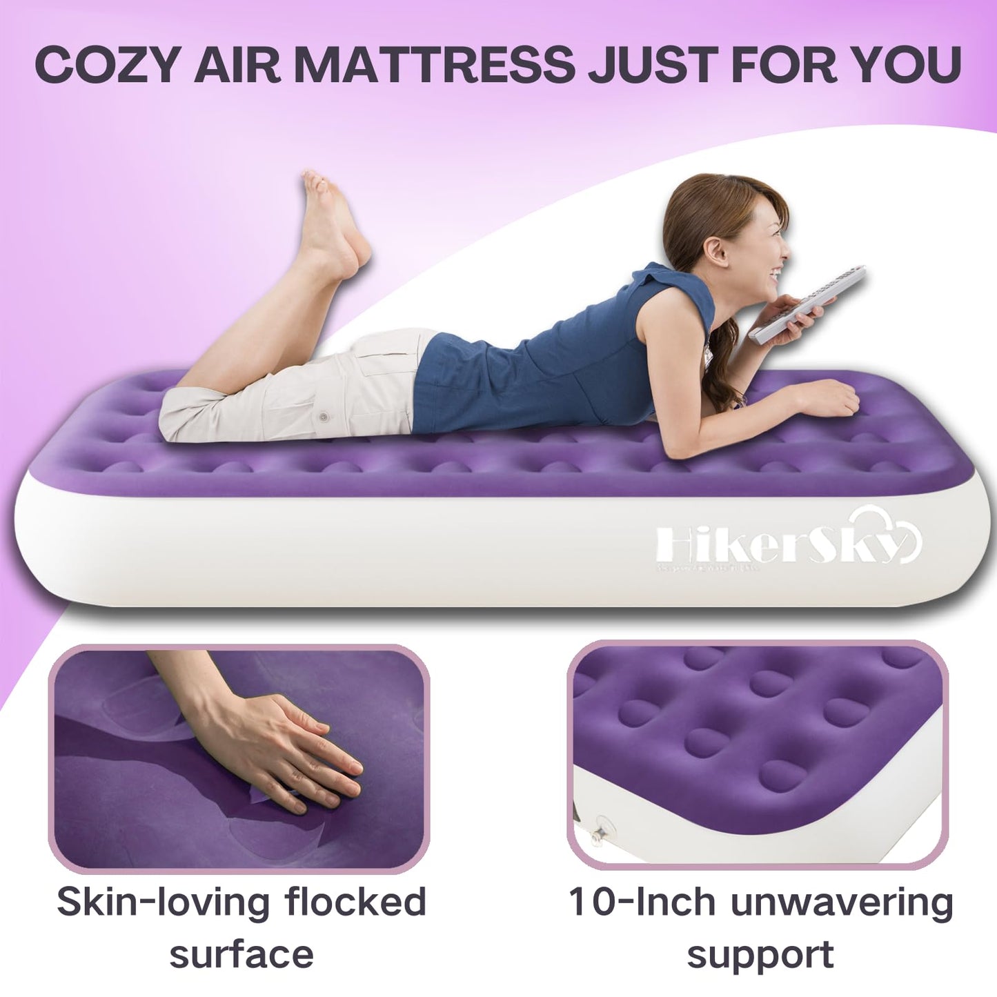 HikerSKY Twin Air Mattress with Built in Pump,10" Blow up Air Bed, 2 Mins Quick Self-Inflation/Deflation, Foldable Inflatable Mattress for Home/Travel, 10'' Twin Purple