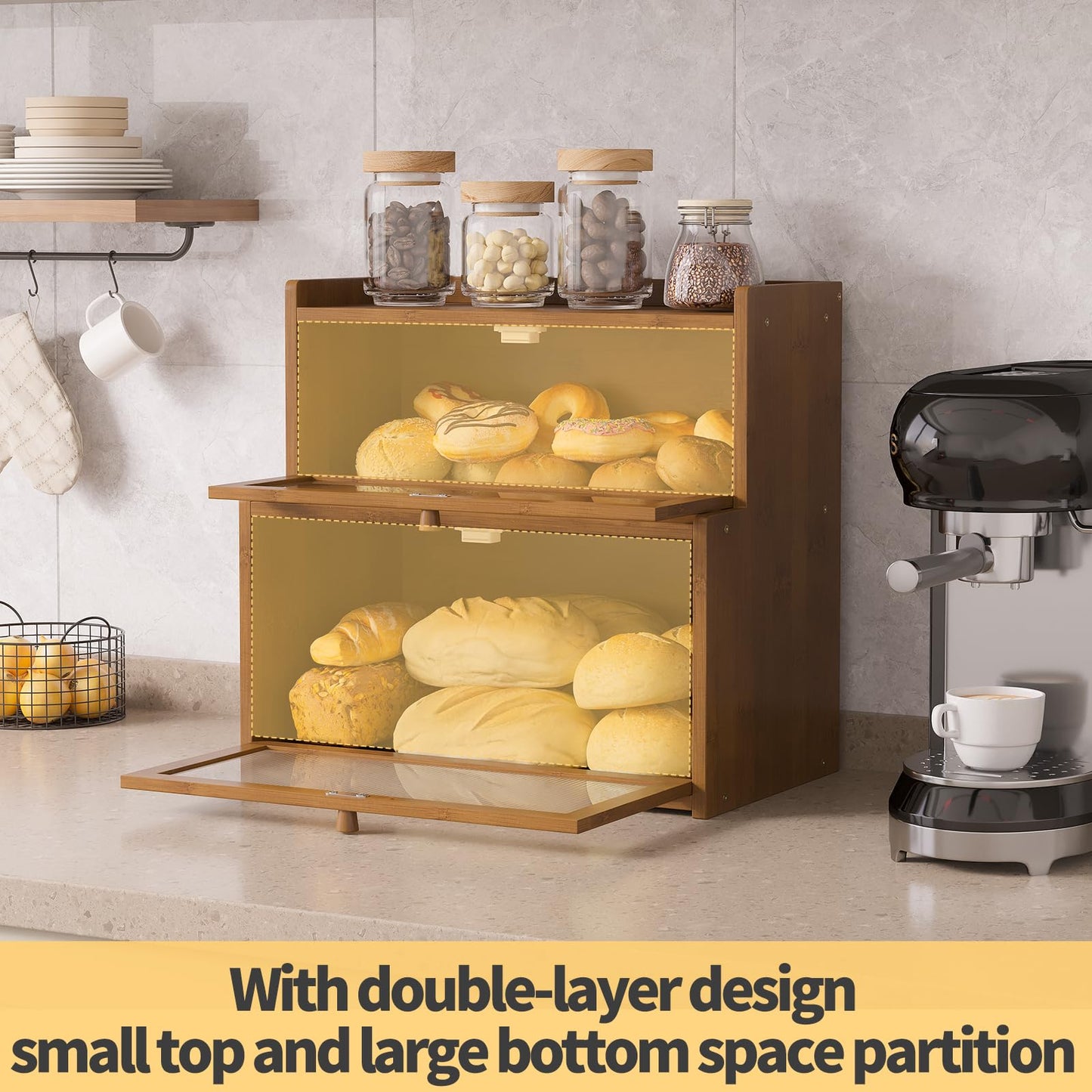 Furshus Double Layer Bamboo Bread Box for Kitchen Counter,Bread Holder,Countertop Bread Storage with Window (Brown)