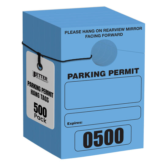Better Office Products Parking Permit Hang Tags, 500 Pack, Temporary Parking Passes, Bulk Pack, Custom Passes Numbered 1-500, 3.15" x 4.75" Placards for Rearview Mirror (Blue)
