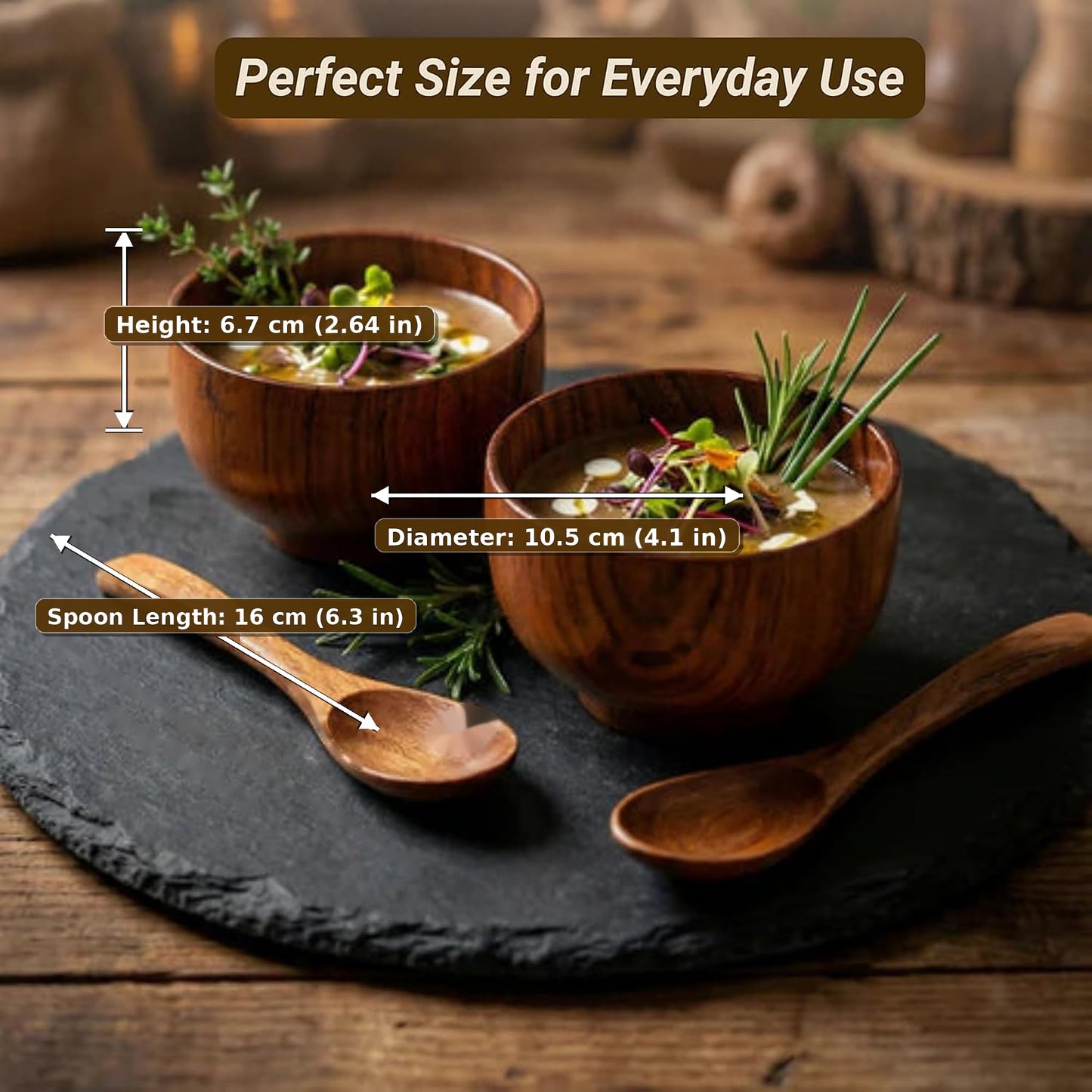 Komokey Wooden Bowl and Spoon Set of 4 - Japanese Style Natural Wood Soup Rice Salad Bowls with Spoons, Eco-Friendly Handcrafted Tableware, Housewarming Kitchen Gift