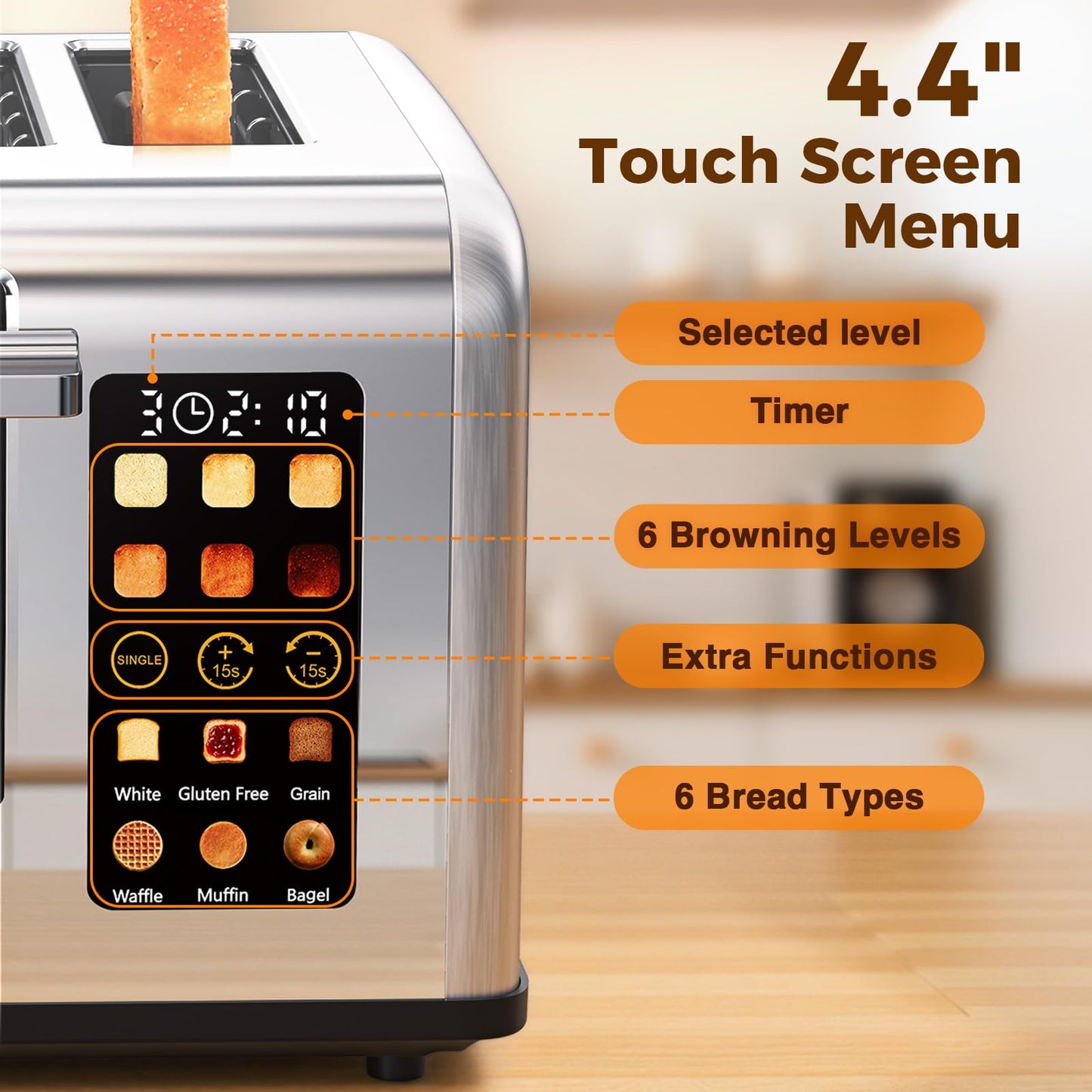 4 Slice Touch Screen Toaster, Stainless Steel Toaster with Wide Slots for Bagels and Bread, Reheat/Defrost/Cancel Functions, Removable Crumb Tray, Silver