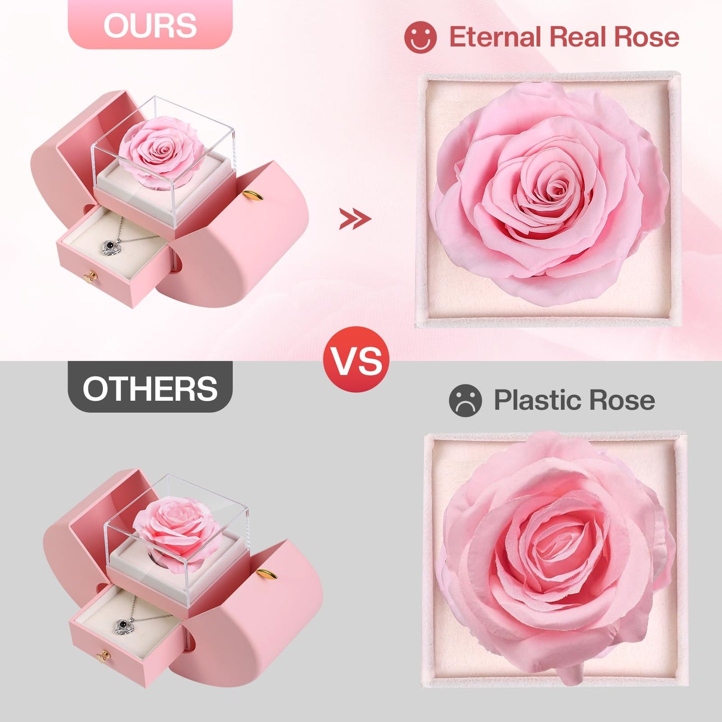 Preserved Real Pink Rose with I Love You Necklace 100 Languages, Gifts for Girlfriend, Women, Mom, Wife, Gifts Idea on Christmas, Valentine's Day, Mother's Day, Birthday, Anniversary, Thanksgiving