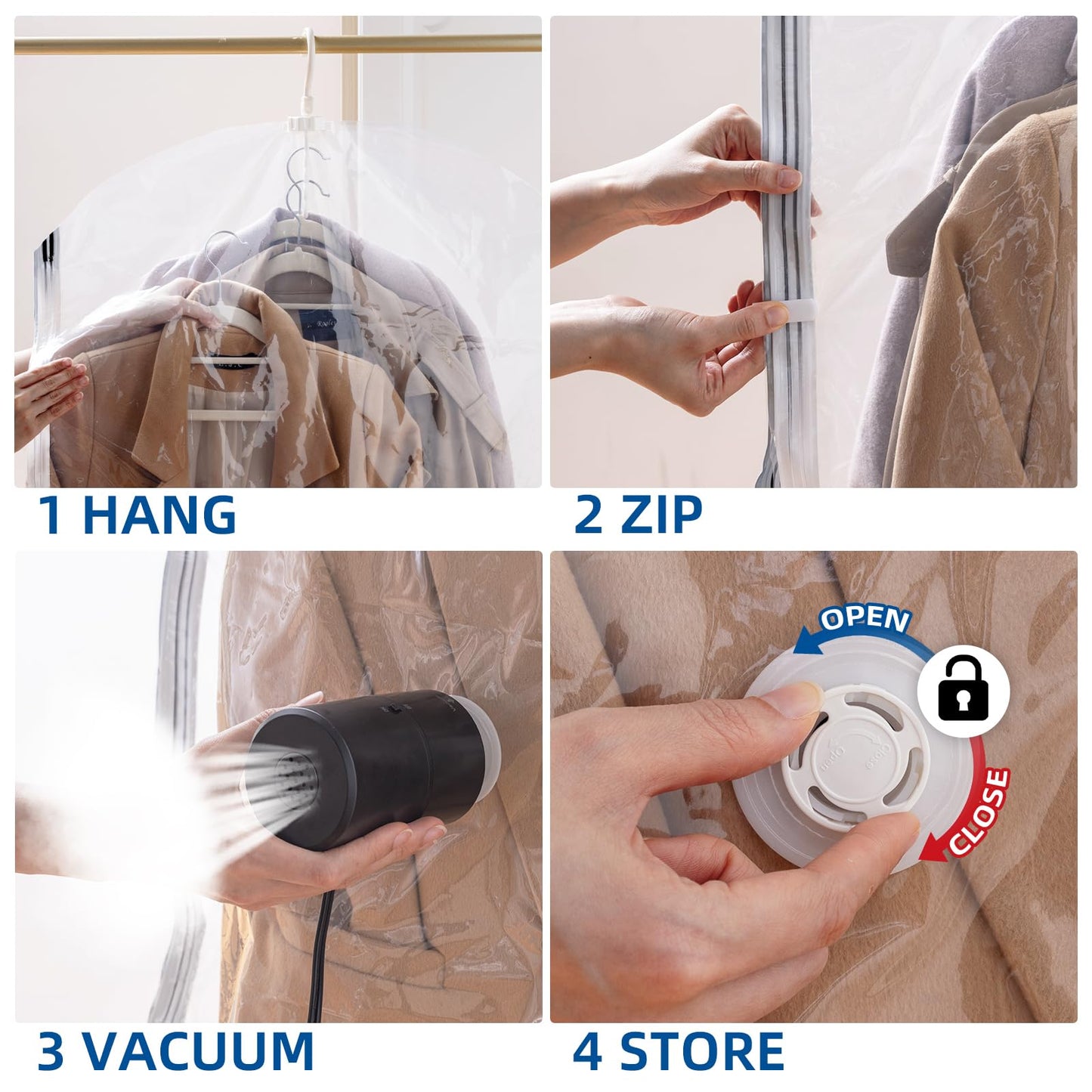 Hanging Vacuum Storage Bags, 6 Pack Hanging Storage Bags for Clothes With Electric Pump, Vacuum Sealed for Suits, Dress, Jackets (6 Long)