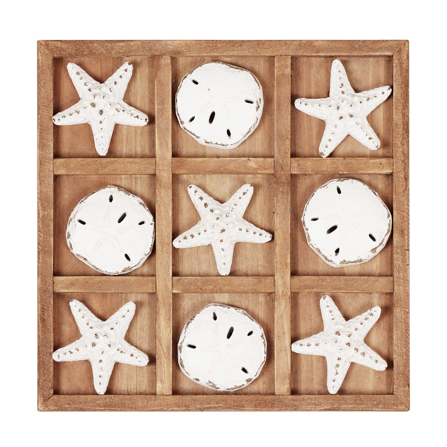 NIKKY HOME Beach Tic Tac Toe for Fun Starfish Sand Dollar Coastal House Coffee Table Decor Wood Board Travel Game, 8.97 by 8.97-in Distressed White