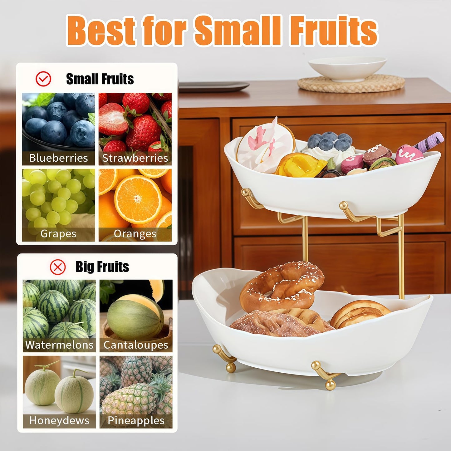 HOMKULA 2 Tier Ceramic Fruit Bowl for Kitchen Counter, Tiered Fruit Basket for Countertop, Modern Multi Layer Fruit Display Stand for Party, Cute (Gold&White, Large)