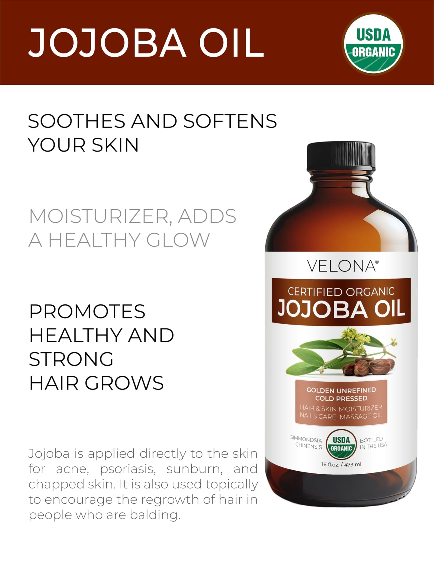 velona USDA Certified Organic Jojoba Oil - 16 oz in Glass Bottle | 100% Pure and Natural | Golden, Unrefined, Cold Pressed, Hexane Free
