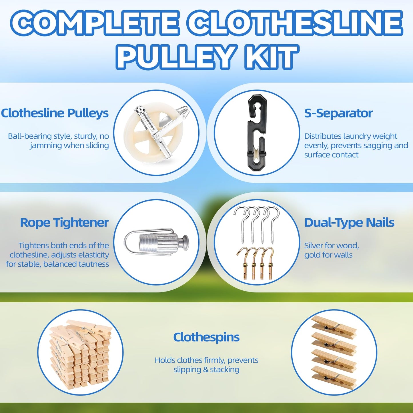 oyhqes Clothesline Kit Outdoors, Clothes Line Pulley Kit, 164ft Polyester Clothes Line Rope Outdoors Heavy Duty, Clothesline Pulley Kit with S Separator Spreaders, Rope Tightener, Hook for Clothes