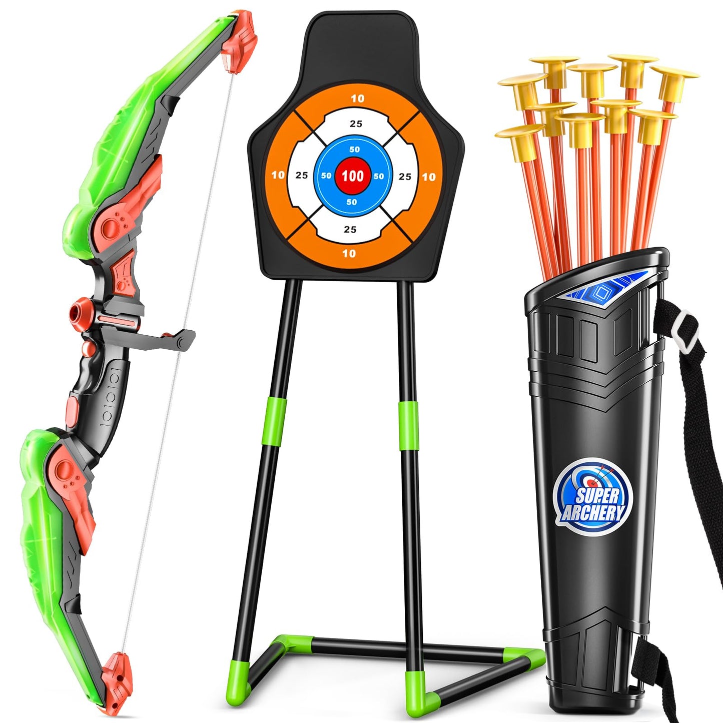 TEMI Bow and Arrow Set for Kids with LED Lights-Archery Set with 10 Suction Cup Arrows, Quivers & Standing Target, Outdoor Toys for Kids Boys & Girls Ages 3-12 Years Old