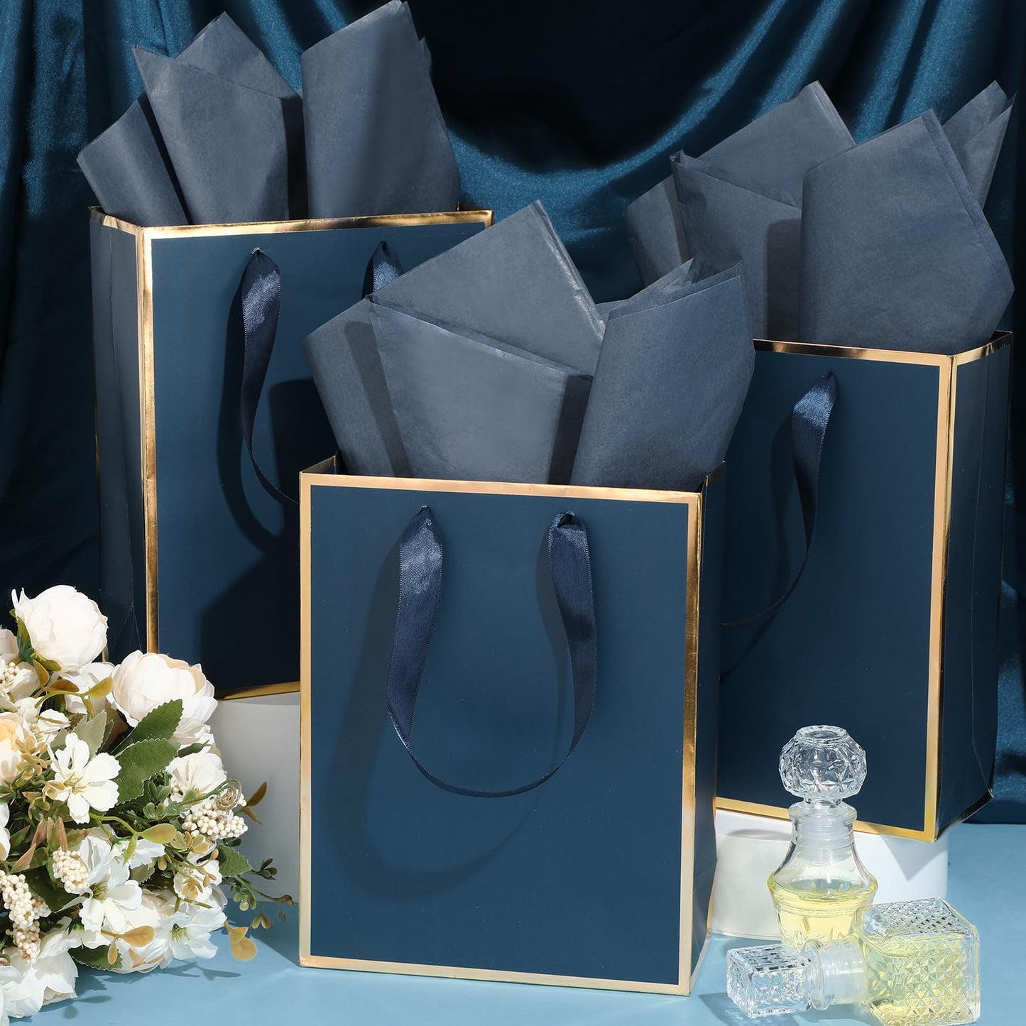 Yeaqee 50 Pack Metallic Gift Bags with Handle and Tissue Paper for Wedding Bridesmaid Groomsmen Baby Shower Holiday Thank You 5 Senses Gift Bag for Her Him Birthday 9 x 7 x 3. 15''(Navy Blue and Gold)