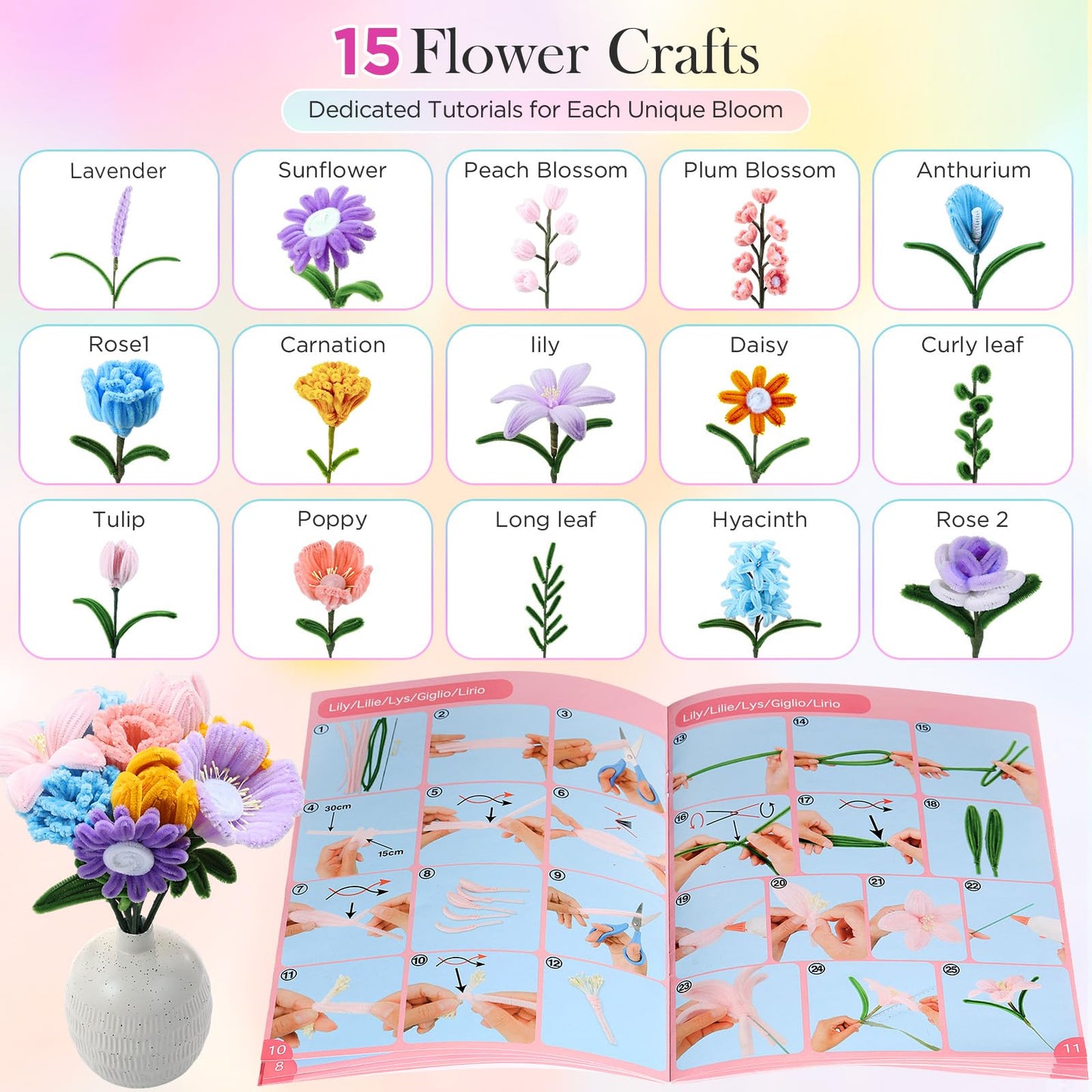 540Pcs Pipe Cleaner Flower Kit, Pipe Cleaners Craft with 15 Designs Guiding Book, Flower Making Kit with Chenille Stems & Floral Wires, Mothers Day Birthday Gift for Mom Women Her (Multicolor, 30cm x 7mm)