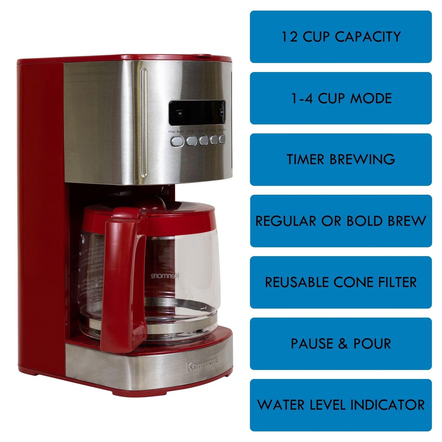 Kenmore Drip Coffee Maker - 12 Cup Programmable Cafe Machine With Glass Pot, Regular & Bold Brew, Auto Shut Off Large Water Reservoir, Reusable Filter, Kitchen Appliances For Cafeteria Barista, Red