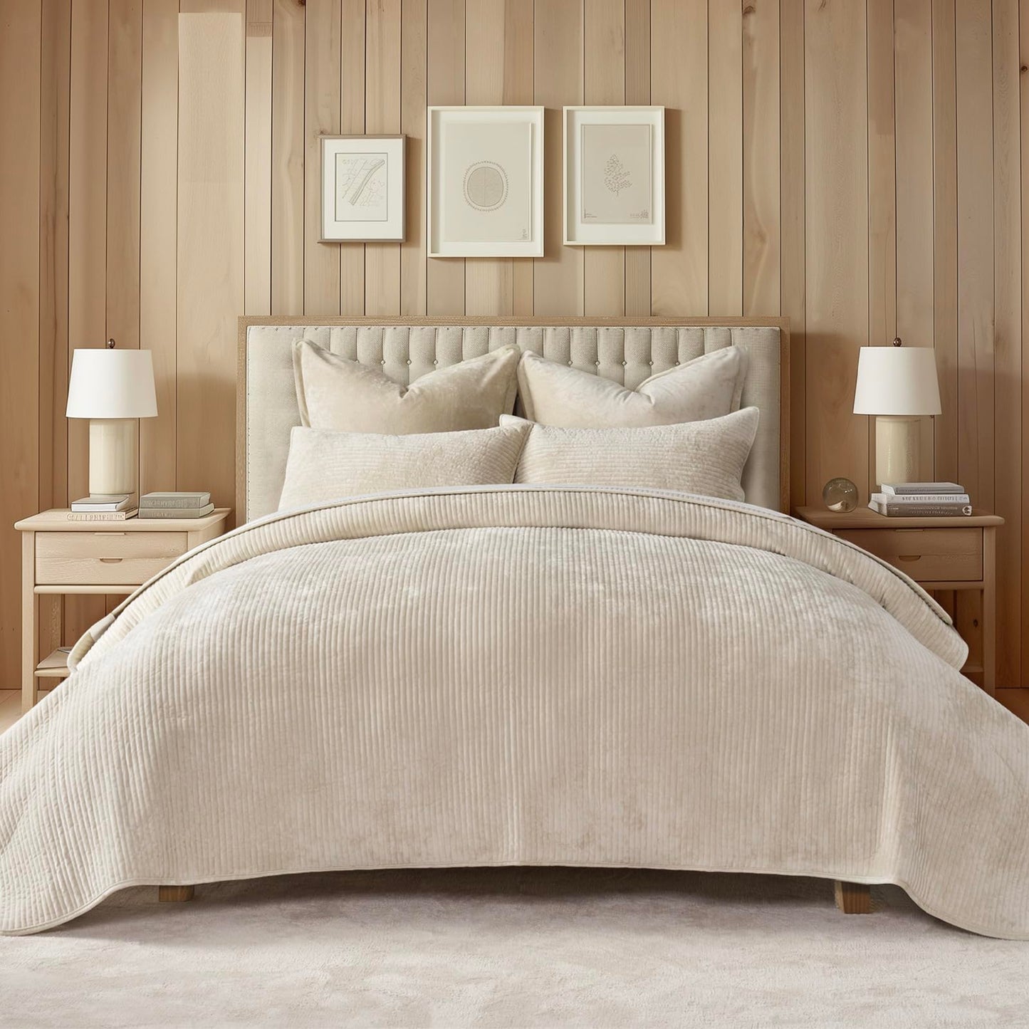 EVERGRACE Velvet Quilt Set Queen Size, Luxurious Soft Quilted Bedding Sets, Lightweight Velvet Comforter for All Season, Striped Channel Bedspread Coverlet with 2 Shams, Light Sand