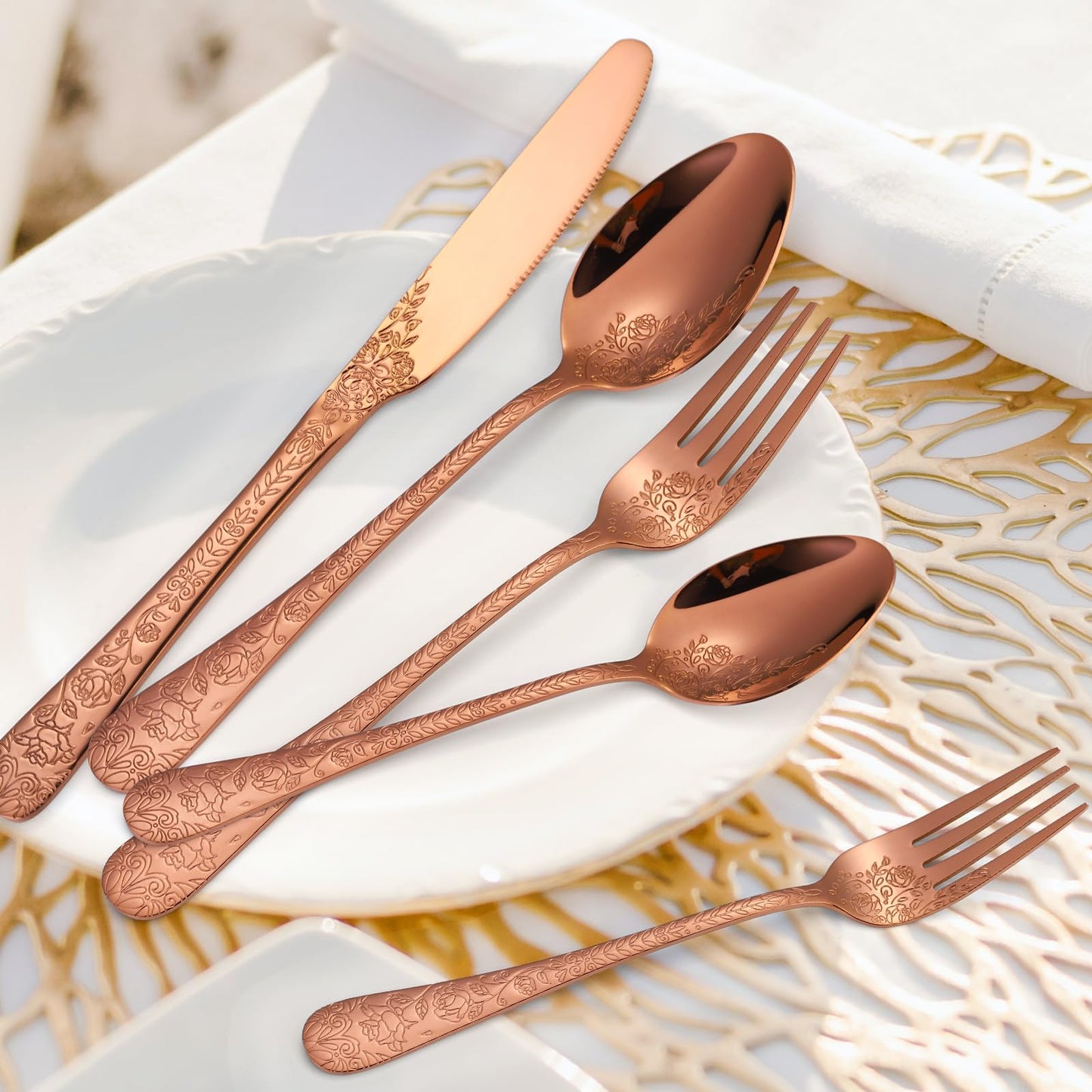 A · HOUSEWARE Vintage Flatware Copper/Rose Gold Floral Silverware 30 Piece Stainless Steel Set for 6 Cutlery Utensils Unique Embossed Pattern Design Elegant Home Kitchen Restaurant Festival Parties…