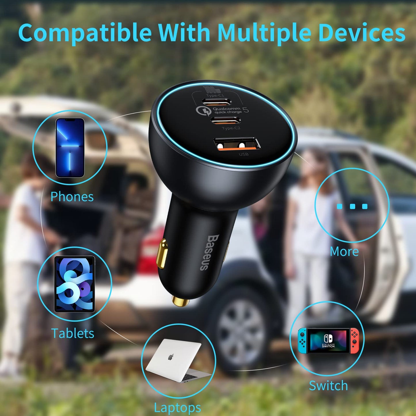 160W USB C Car Charger, Baseus Type C Car Charger, QC5.0 PD3.0 PPS 3 Ports Super Fast Charging Car Phone Charger Adapter for iPhone 15 14 13 Pro, Samsung S22 iPad MacBook Pro