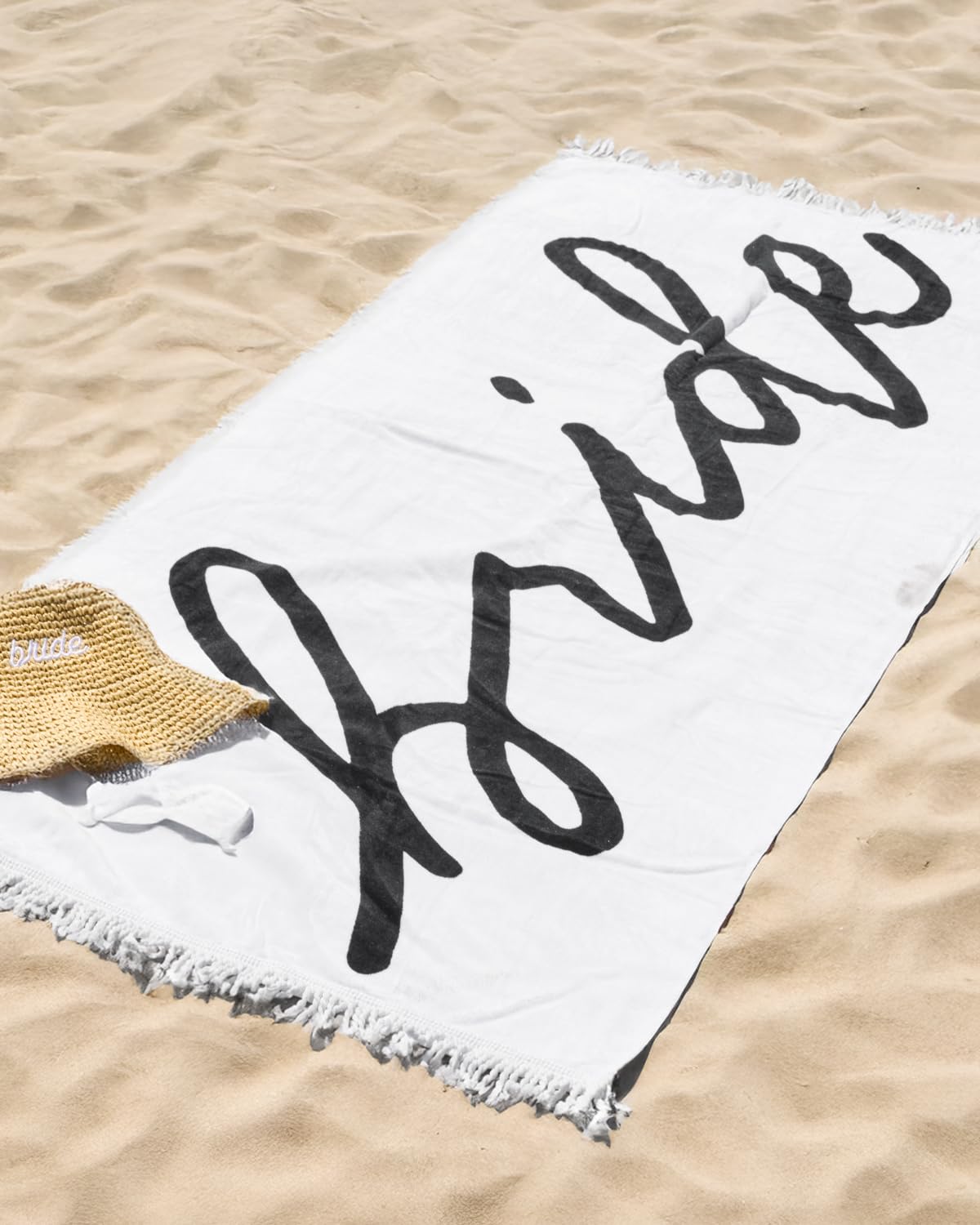 xo, Fetti Bride Fringe Beach Towel - 100% Cotton | Bachelorette Decorations, Black and White Bridal Shower Gift, Bridesmaid Favors, Engagement Party, Poolside Bride to Be, Newlywed Honeymoon Supplies