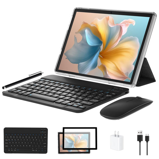 10 inch Android 13 Tablet, 6GB RAM 64GB ROM 1TB Expand, 2 in 1 Tablets with Keyboard, Case, Mouse, Stylus, 1280x800 IPS Touch Screen, 2.0GHz Quad-Core, WiFi 6, Bluetooth5.0, Dual Camera (Gray)