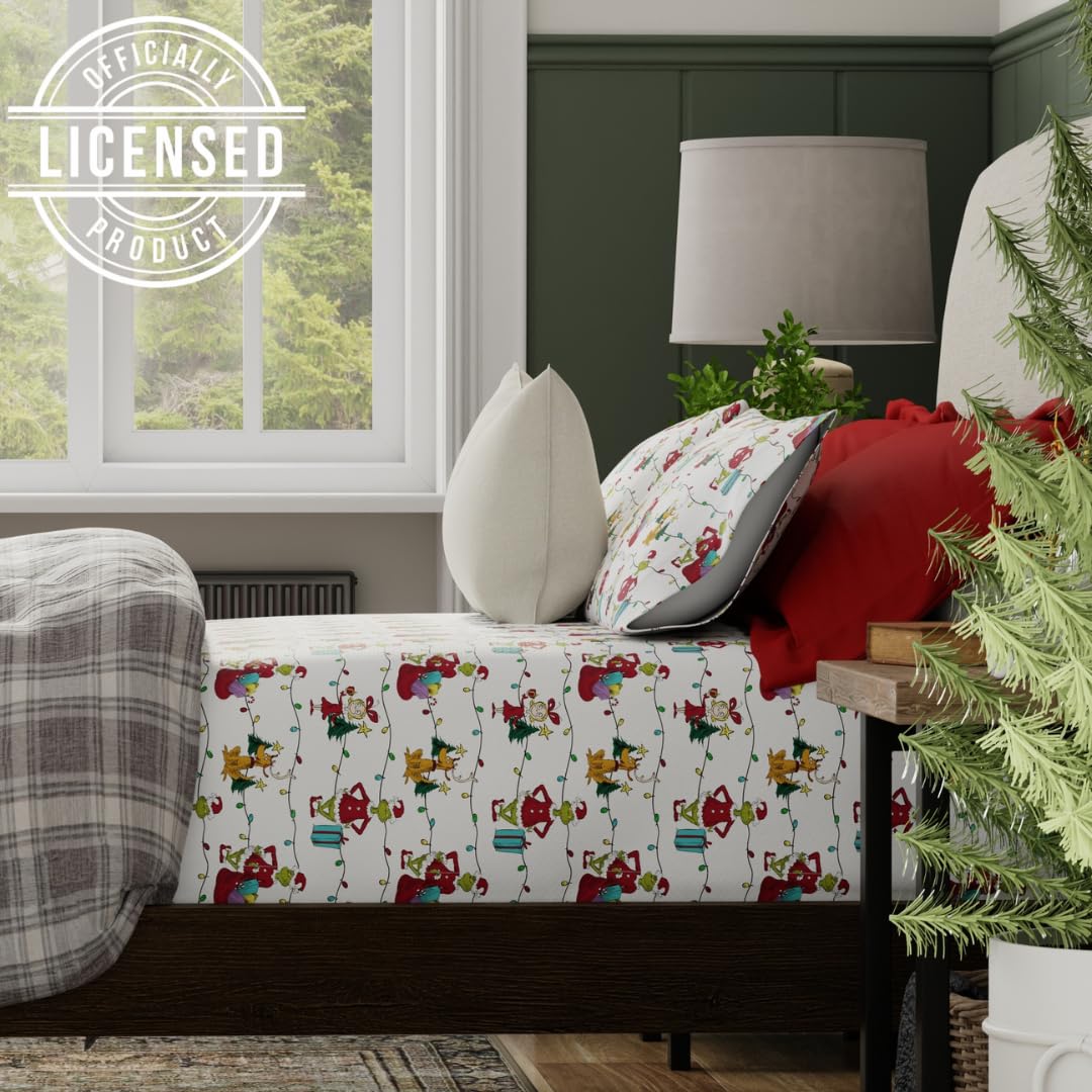 Grinch by Dr. Seuss Holiday & Christmas Bedding Super Soft 100% Cotton Flannel Sheet Set, Queen, (Officially Licensed Product) By Franco