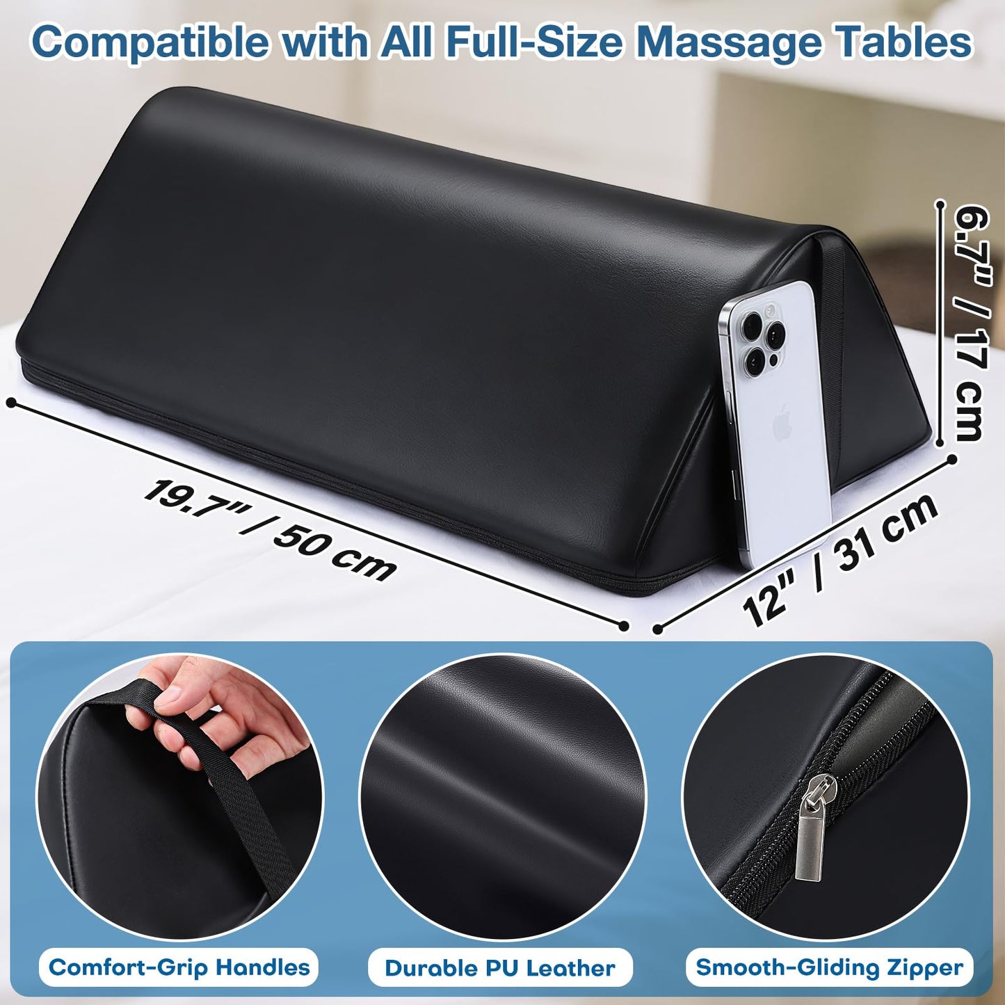 Knee Wedge Pillow for Legs, 20 x 12 x 7 inch Under Knee Elevated Pillow for Sleeping on Back Triangle Pillow for Legs with Strap Handle, Under Ankles Pain Relief Leg Pillow Bolster for Massage Table