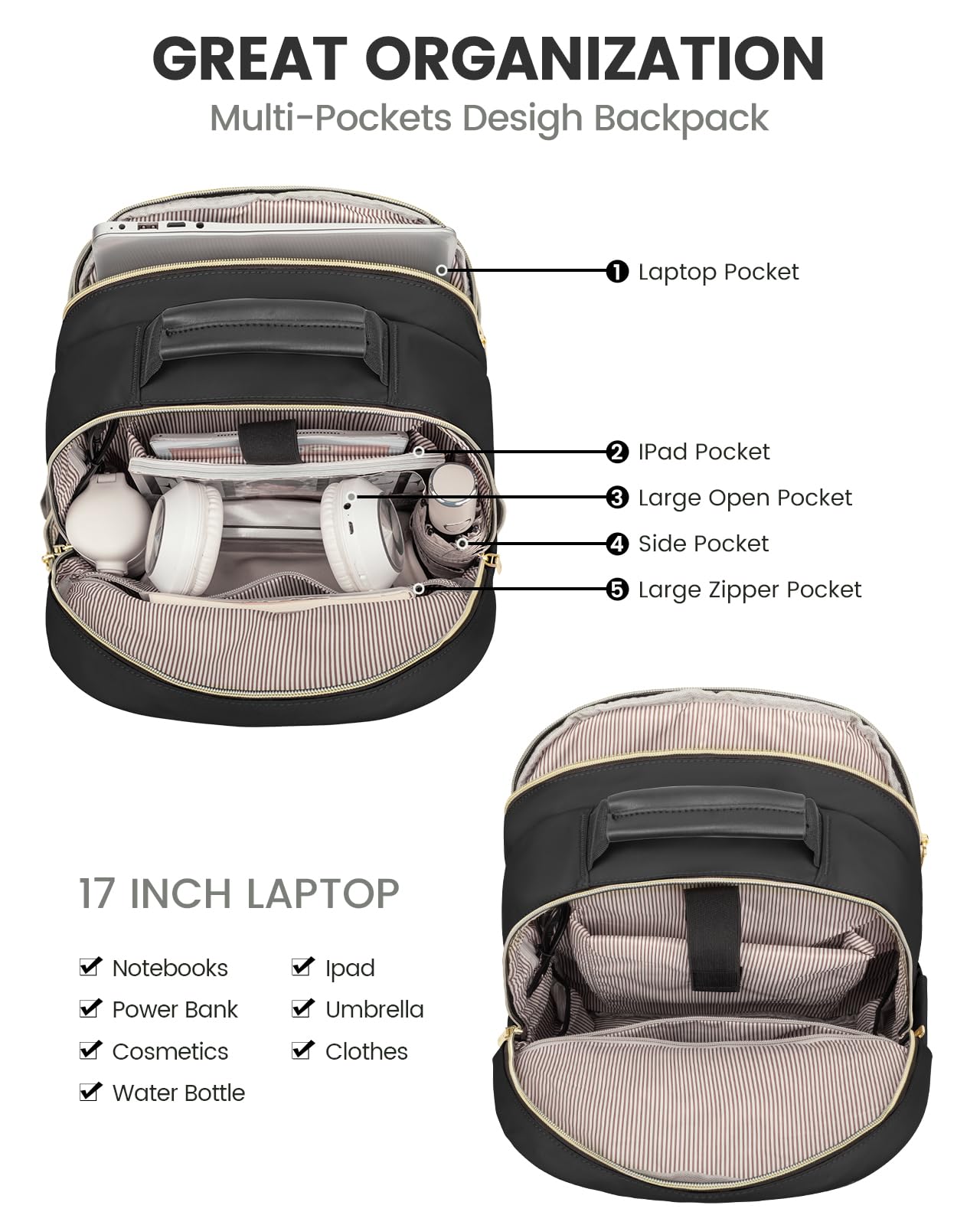 LOVEVOOK Laptop Backpack for Women, Travel Computer Work Bags with 17-inch Laptop Compartment, College School Student Bag Teen Backpacks For Girls, Hiking Outdoor Carry On Backpack Purse, Black