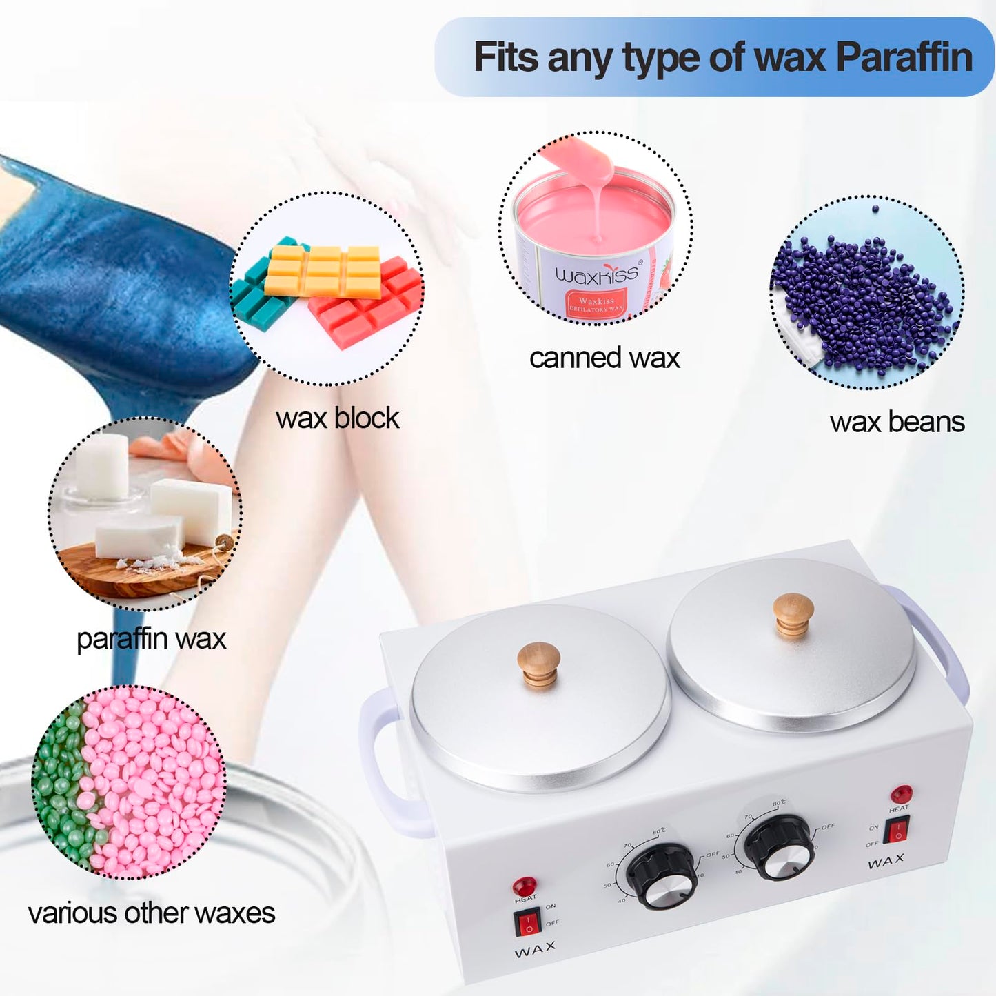Double Wax Warmer Double Wax Pot Professional for Hair Removal, Electric Wax Heater Machine Dual Wax Pot Warmer Professional With Adjustable Temperature for Facial,Skin,Body,Spa, and Salon