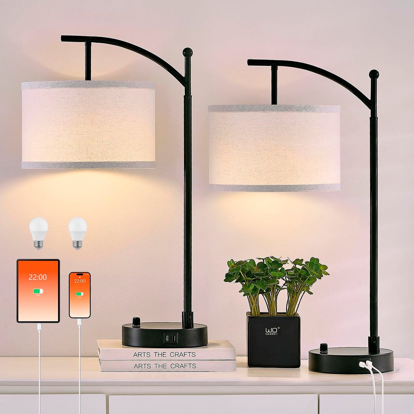 Hikczc Table Lamp for Living Room Bedroom, 23.5" Table Lamps Set of 2 with USB C+A Ports, Bedside Lamps for Nightstand with Linen Lamp Shades, 2 Dimmable LED Bulbs Included, Black