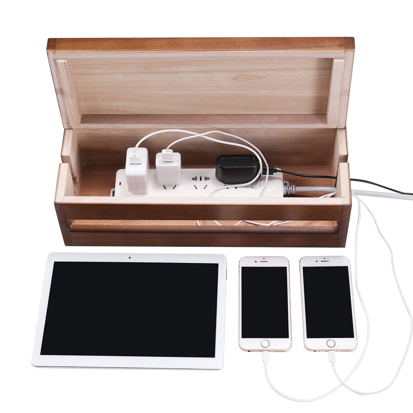 Changsuo Cable Management Box Wooden Cord Organizer Box for Extension Cord Power Stripe Surge Protector Wire Management Concealer Cover Hider for Desktop Home Office Kitchen (Brown)