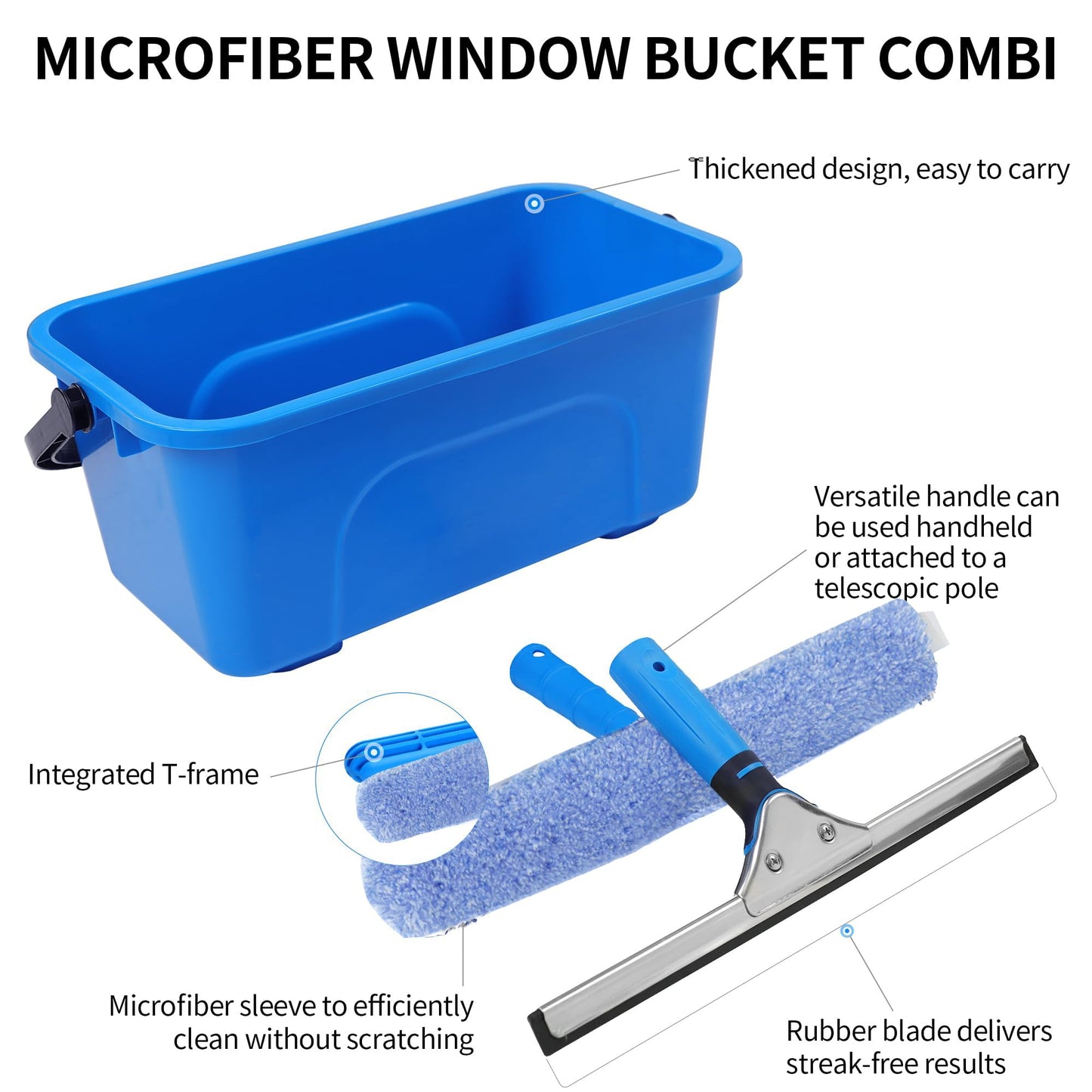 HYCDFCS Squeegee for Window Cleaning,Window Cleaning Squeegee kit with Bucket&Microfiber Scrubber,Bathroom,Shower Doors,Mirrors,Tiles,and Car Windows Blue