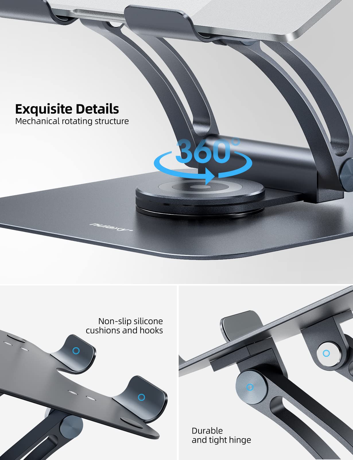 Nulaxy 360° Rotating Laptop Stand for Desk, Ergonomic Notebook Riser with Adjustable Swivel Base Foldable Computer Holder Portable Office Accessories Compatible with All 10-17" Laptops