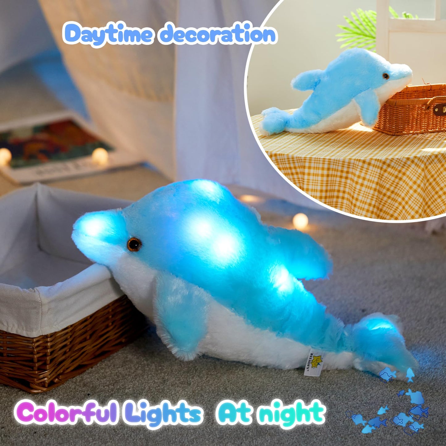 Bstaofy 10''Light up Dolphin Stuffed Animal Night Light Colorful Glowing Dolphin Soft LED Plush Toys Gift for Kids on Christmas Birthday Festivals, Blue