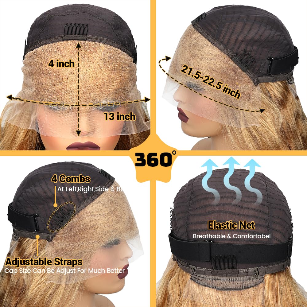 SOSATISFY Body Wave Honey Blonde Wig Human Hair 13x4 Honey Blonde HD Lace Front Wig Human Hair 200% Density 27# Colored Human Hair Wigs Pre Plucked with Baby Hair (20 inch)