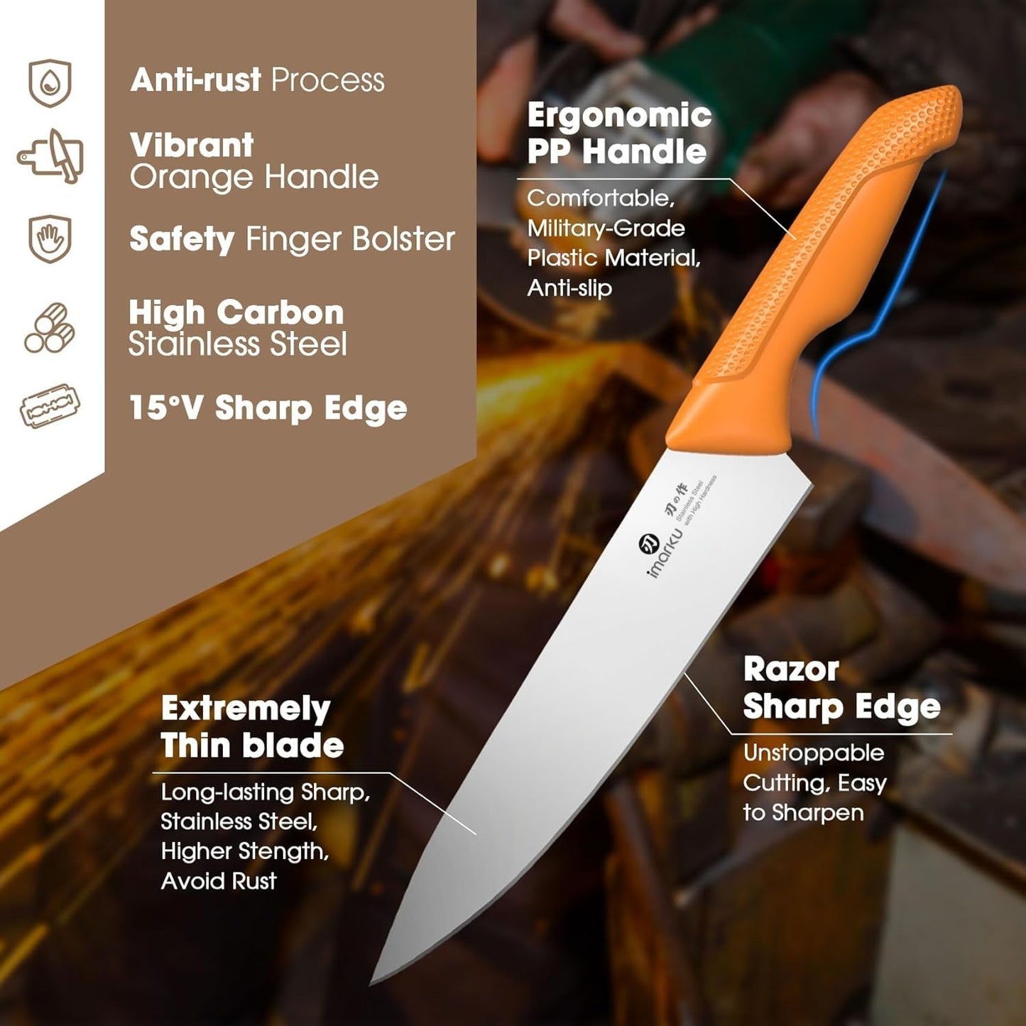 imarku® Knife Set, Sharp Block Knife Set with Built-in Sharpener, Japanese Stainless Steel with Non-Slip Ergonomic Handle, Dishwasher Safe, Kitchen Gift for Man Woman, Best For Home gift, Burnt Orange