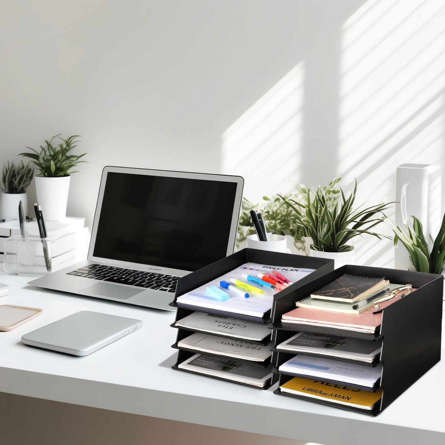 Wenqik 8 Pcs Stackable Paper Trays Rectangular Plastic Desk Tray Holder Desktop Document File Paper Organizer Plastic Storage Letter Tray for Office Classroom, Black