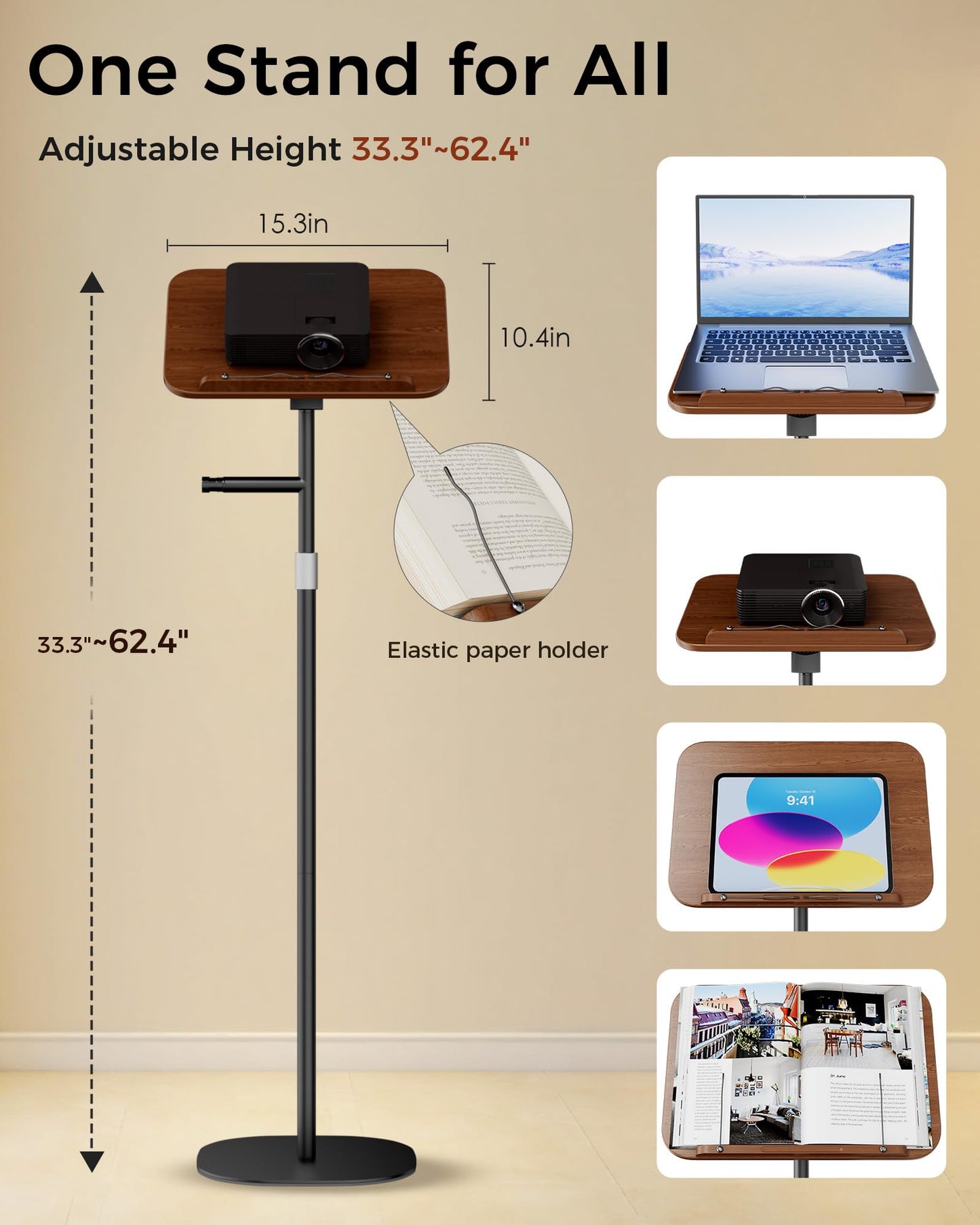 boostool Laptop Stand Floor, Wood Music Stand, Tablet Floor Stands Adjustable Height, Tall Book Stand Hands Free, for Projector, Office, Study, Brown