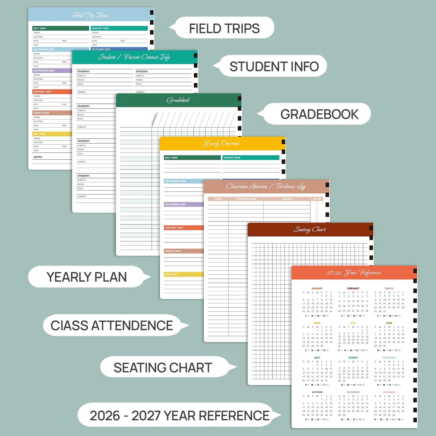 POPRUN Teacher Lesson Planner 2026-2027, (Letter Size - 8.5'' x 11'') Academic Planner July 2026 - June 2027 with Gradebook & Color Monthly Tabs, Thick Paper, 2-Sided Pocket, Leather Cover, Dutch Blue
