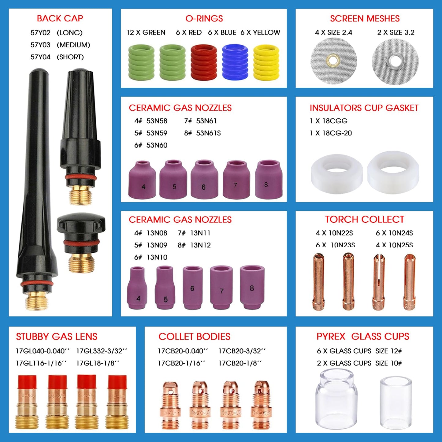Zinger 87PCS TIG Welding Torch Accessories Kit Stubby Gas Lens #10 12 Glass Cup Alumina Nozzle Collets Body Kit for WP-17/18/26 TIG Welding Torch