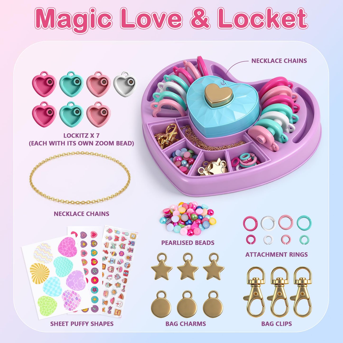 DIY Heart Locket Keychain Making Kit with Magic Zoom Beads, Gifts for Girls Ages 5 6 7 8 9 10, Toys for Girls Bag Charms Craft Set for Backpacks, Purses, Handbags, Valentines Party Favors Classroom
