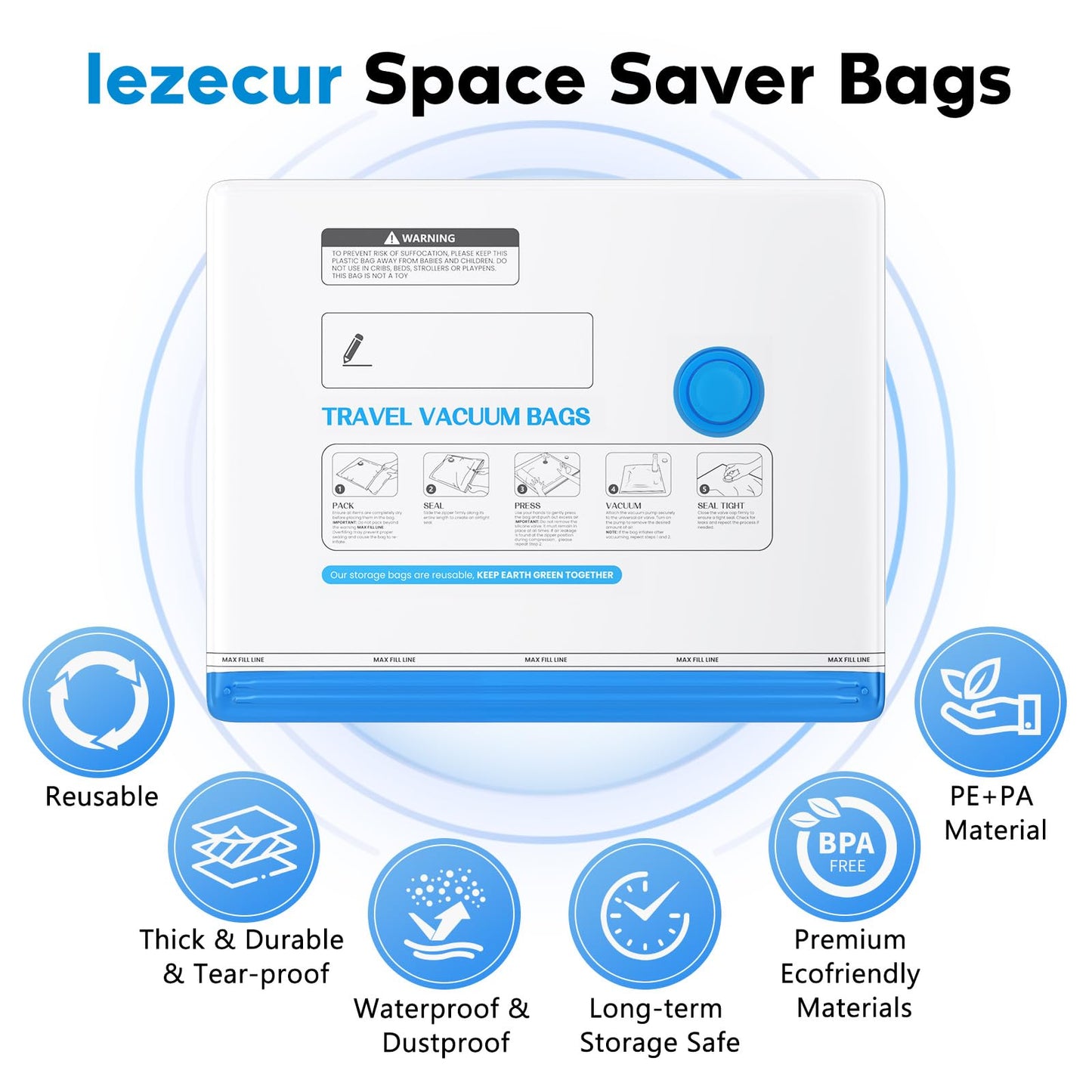 15 Pack Vacuum Storage Bags for Travel with Rechargeable Cordless Pump, Space Saver Bags for Clothes, Compression Packing Bags for Luggage and Suitcase,Blue