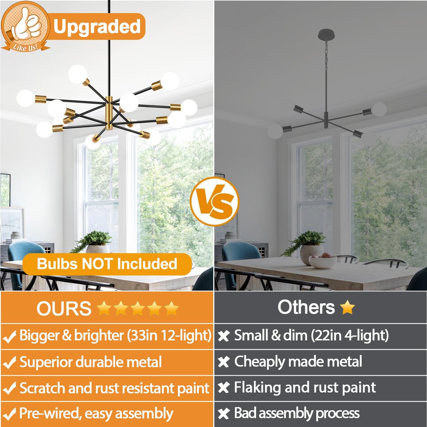 33" Modern Chandelier Ceiling Light Fixture, 12-Light Sputnik Chandeliers Brushed Gold and Black Mid Century Chandelier Over Table, Height Adjustable Chandeliers for Dining Room Living Room Kitchen