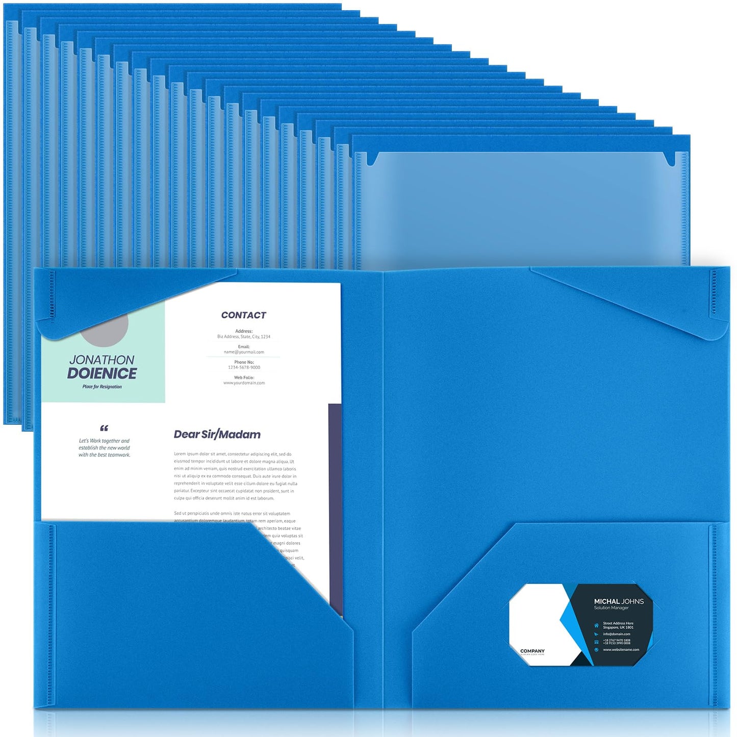 Henoyso 60 Pack Plastic Folders with Clear Front Pockets Bulk Heavy Duty File Folders with 2 Pockets and Card Slot for Student Teacher Back to School Supplies Office Presentation (Blue)