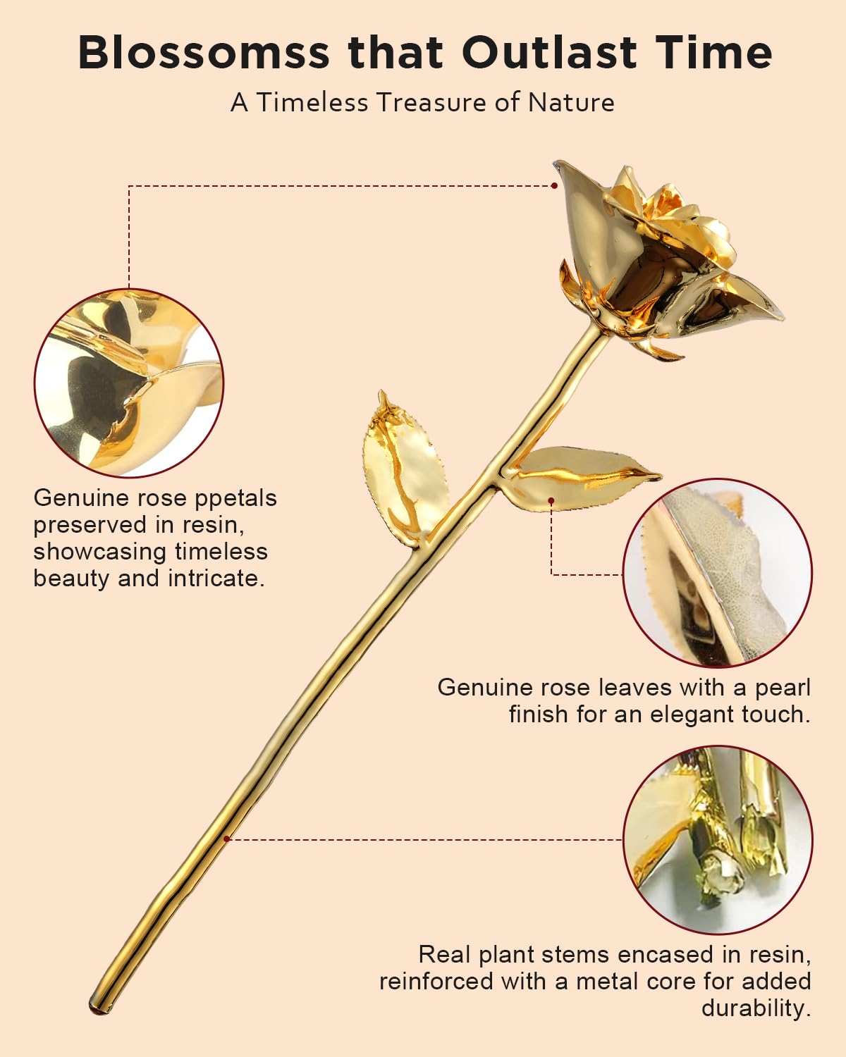 WILDLOVE 24K Gold Dipped Rose - Real Natural Rose Preserved in Pure Gold - Romantic for Her - Unique Birthday, Valentine's, Mother's Day Present for Women, Wife, Girlfriend, Mom